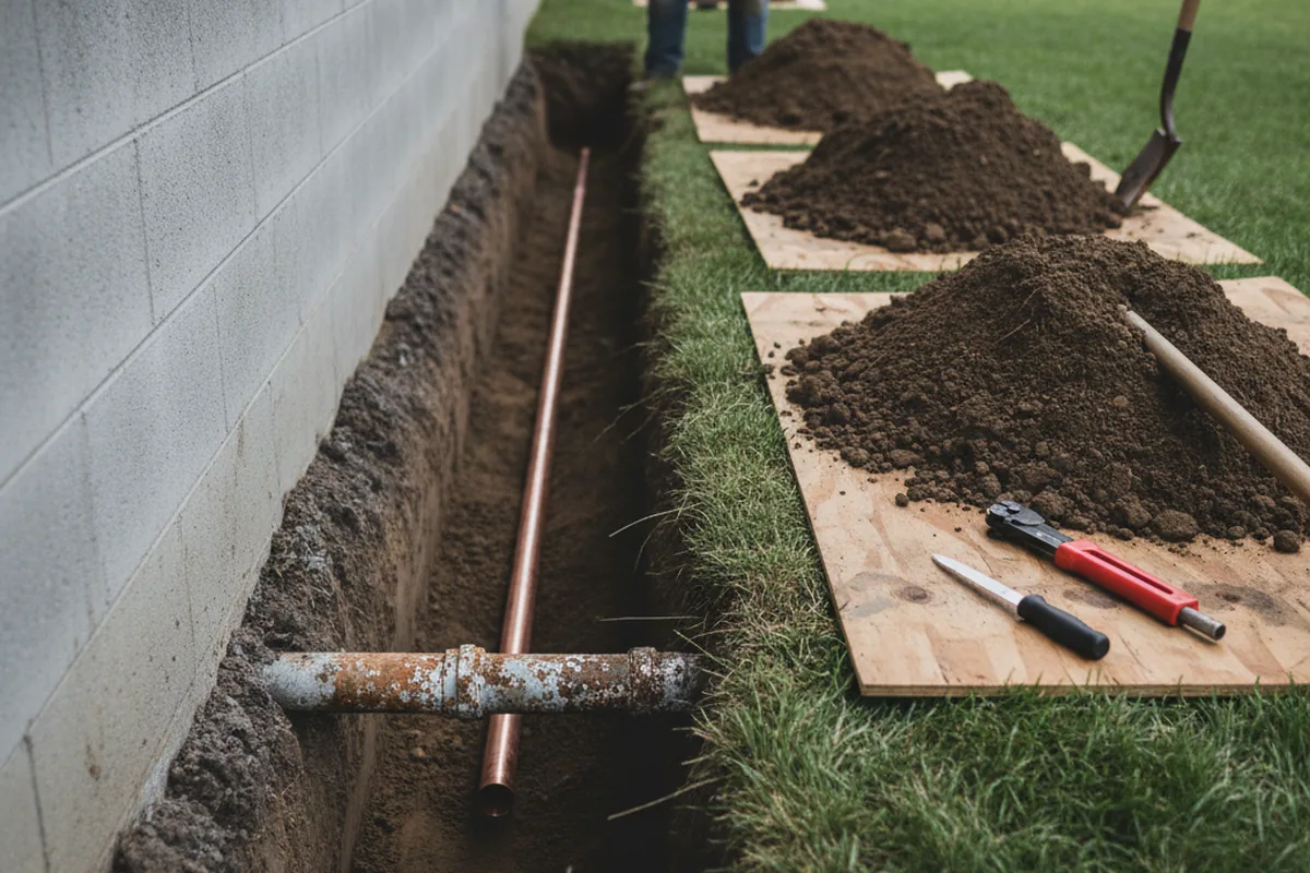 Excavated water line trench during Water Heater Repair in Sutter